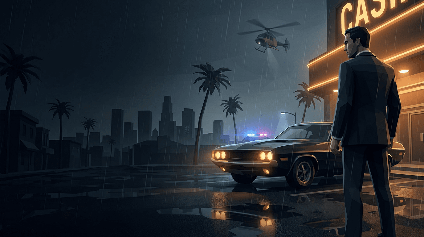 Crime Lord concept art: a crime boss and muscle car on a rain-soaked city street
